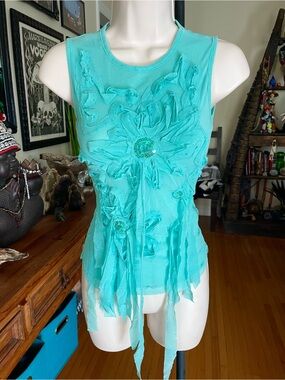 Jaune Rouge Turquoise Mesh & Sequin Top Small Boho Y2K 2000’s